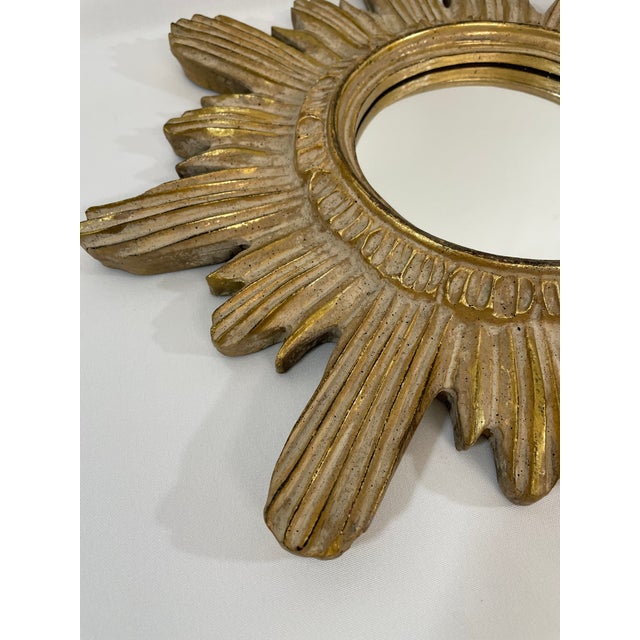 Vintage Mid Century 16.5" Creamy Giltwood Sunburst Wall Mirror For Sale - Image 12 of 18