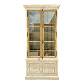 Vintage Distressed Wood and Glass Tall Cabinet For Sale