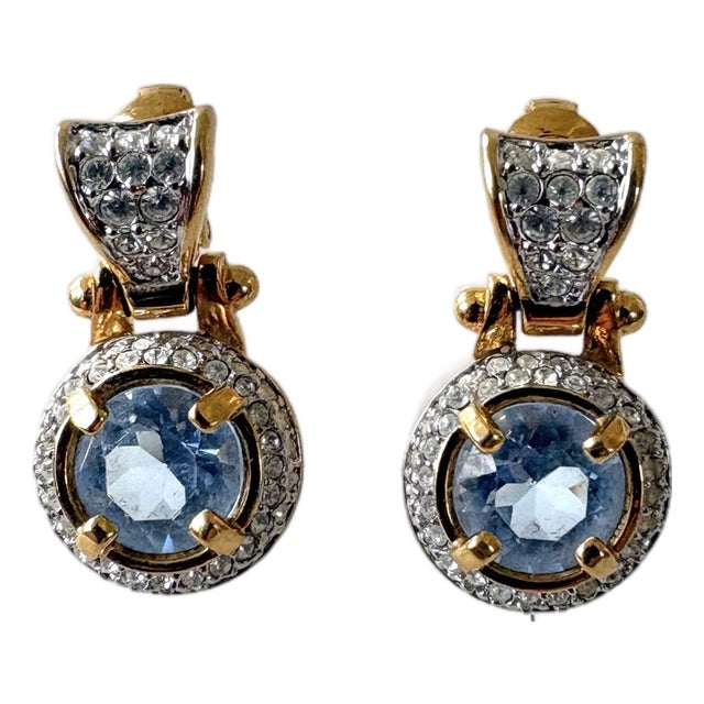 Vintage Swarovski Gold Tone Pave Crystal & Purple/Blue Crystal Clip-on Earring For Sale