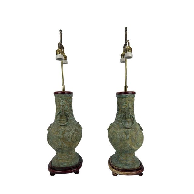 Chinoiserie Late 19th Century Bronze Chinoiserie Lamps With Dragon Handles and Rosewood Base - a Pair For Sale - Image 3 of 4