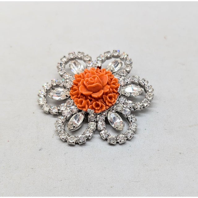 Vintage 1950s Signed Kramer Carved Faux-Coral & Clear Rhinestone Brooch For Sale In Philadelphia - Image 6 of 7