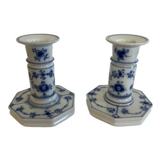 Vintage Royal Copenhagen Blue Fluted Musselmalet Riflet Candle Sticksr - a Pair For Sale