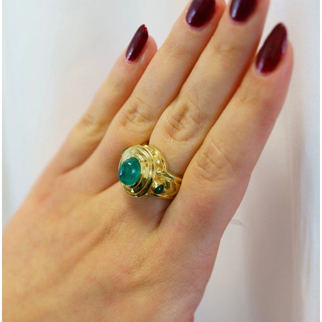 Vintage 3 Carat Cabochon Cut Colombian Emerald Bezel in 20k Yellow Gold Ring Size 6.25 For Sale - Image 10 of 10