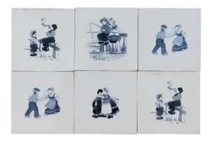 Vintage Delft Tiles Depicting Kids Playing - Set of 6
