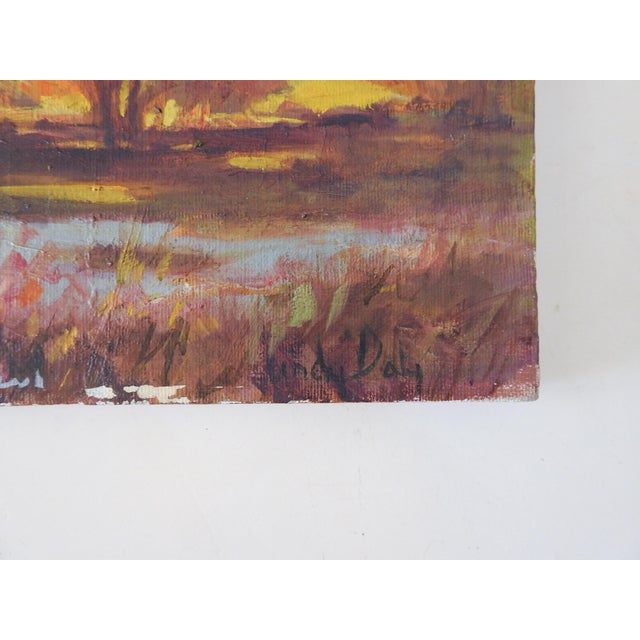 Vintage oil on canvas autumn mountain landscape by Lindy Daly (20/21st century). Signed lower right. Unframed, scattered...