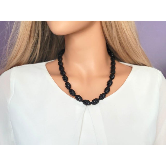 Contemporary Art Deco Style Black Onyx Beaded Necklace, Sterling Silver Clasp, 21.5" For Sale - Image 3 of 8