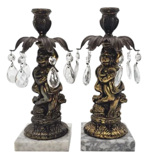 Italian Gilt Hollywood Regency Cherub Candle Holders Pair Crystals Gold 10.5"