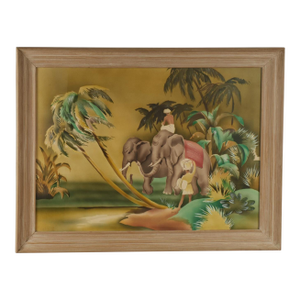 Tropical Anglo Indian Style Air Brush Painting With Elephants