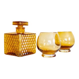 Amber Glass Decanter and Pair of Tumblers | Barware Glassware Drinkware For Sale