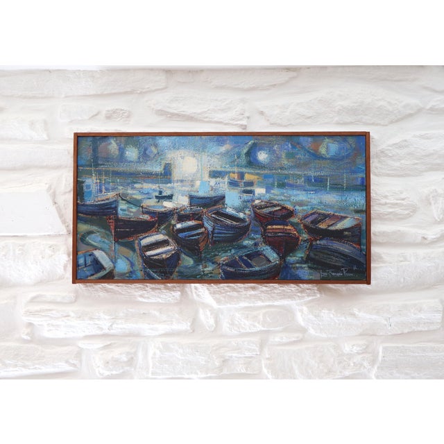 Oil on canvas by the French artist Jean-François Pierre, signed and dated 1964. The work depicts a gathering of boats in...