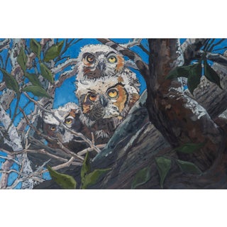 The Disciples by Deb Komitor | Oil on cradleboard Three owls perched on a tree branch. For Sale