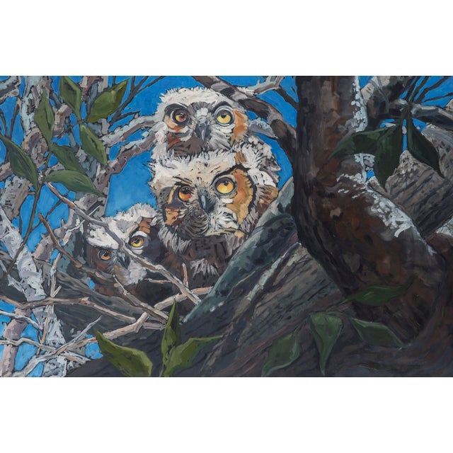 The Disciples by Deb Komitor | Oil on cradleboard Three owls perched on a tree branch. For Sale
