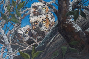The Disciples by Deb Komitor | Oil on cradleboard Three owls perched on a tree branch.
