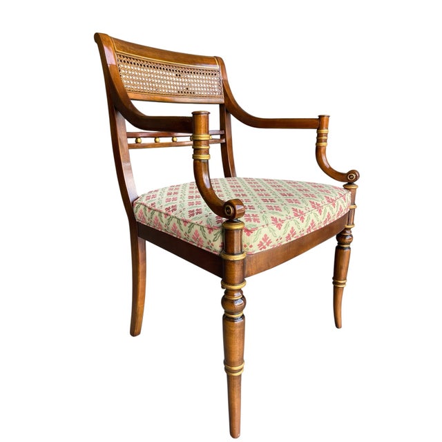 Neoclassical Vintage Hickory Chair Neoclassical Cane Back Armchair With Gilt Accents & Floral Upholstery For Sale - Image 3 of 12