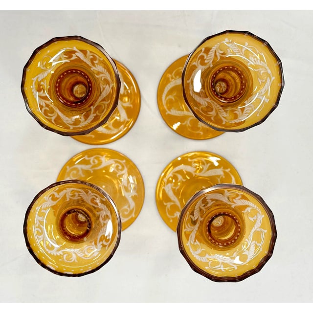 Set of 4 Antique Bohemian Hand Made & Hand Etched Cut Amber to Clear Decorated Candlesticks by Moser For Sale - Image 9 of 12
