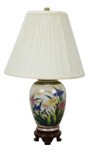 Vintage Japanese Floral Irises Kingfisher Bird Ginger Jar Vase Urn Lamp 25"