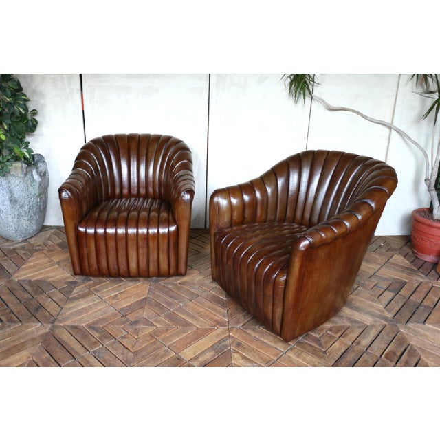 Brown Vintage Pair of Brown Leather Channel-Tufted Club Chairs — Martin/Brattrud, 1987 For Sale - Image 8 of 18