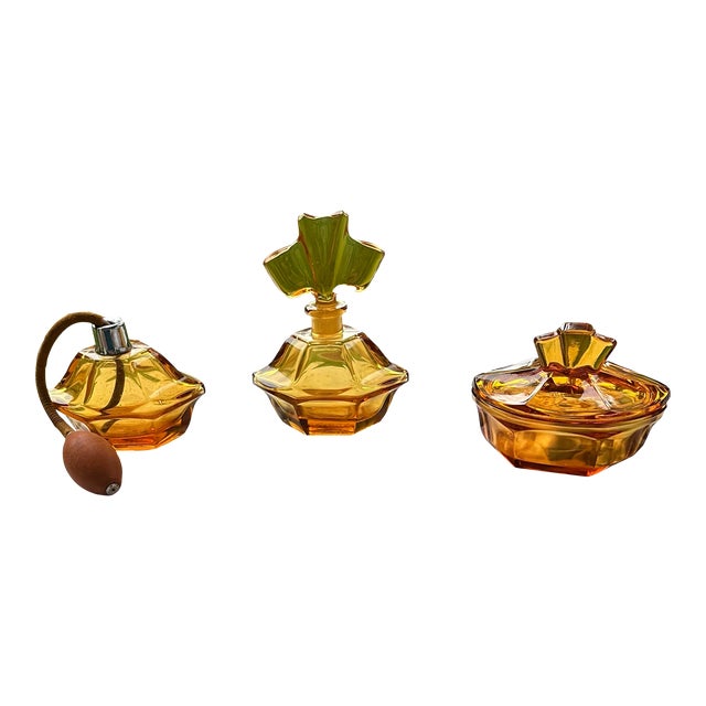 1930s Art Deco Czech Bohemian Cut Amber Glass Dresser/ Vanity Set - 3 Piece Set For Sale