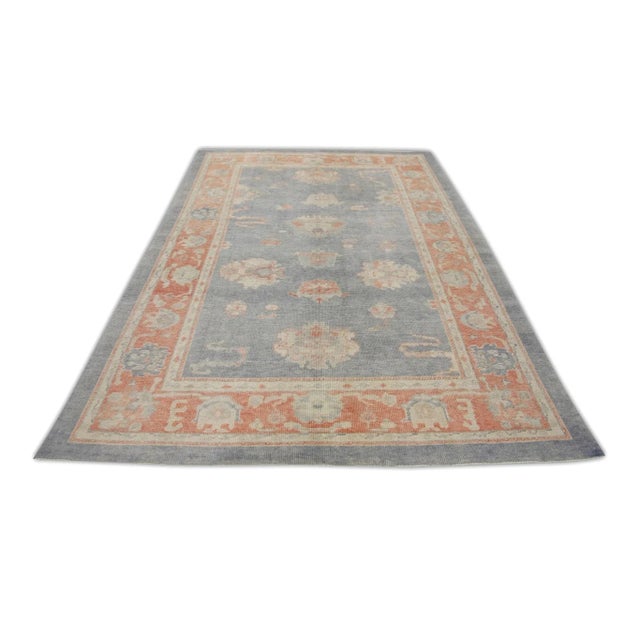 Early 21st Century Handwoven Wool Turkish Oushak Rug in Red & Blue Floral Design 6'3" X 9'2" For Sale In Houston - Image 6 of 7