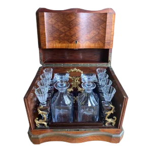 Late 19th Century French Napoleon III Marquetry Tantalus Cellarette Liquor Cabinet With Original Crystal Decanters and Glasses Set- 19 Pieces