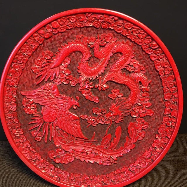 Carved Red Lacquer Dragon and Phoenix Round Decorative Plate For Sale - Image 4 of 9