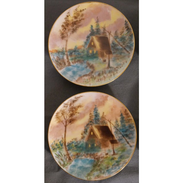 Cabin Circa 1900 American Impressionist Style Forest Cabin Landscape Motif Hand-Painted Porcelain Gilded Rim Appetizer Plates - Set of 6 For Sale - Image 3 of 9