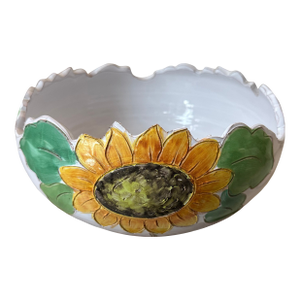 Vintage 12” Italian Sunflower Insized, Glazed Handpainted Terracotta Bowl