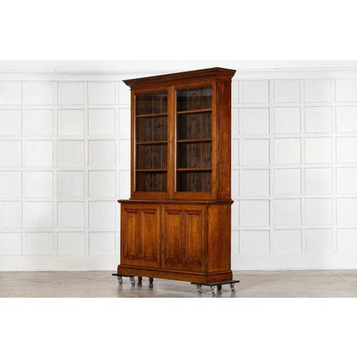 Wood Large Antique English Oak Glazed Bookcase Cabinet, 1880 For Sale - Image 7 of 18