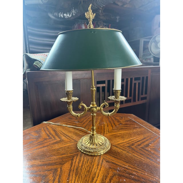 Vintage French Empire Style Brass Bouillotte Table Lamp With Green Tole Shade For Sale - Image 9 of 12