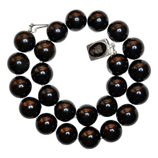 Vintage 21-Inch Black Obsidian Beaded Necklace With Onyx Cameo Clasp For Sale