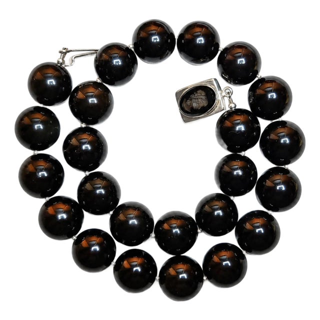 Vintage 21-Inch Black Obsidian Beaded Necklace With Onyx Cameo Clasp For Sale