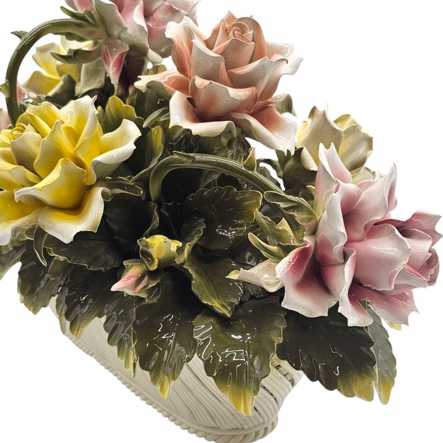 Ceramic Italian Handcrafted Porcelain Rose Basket Centerpiece – Blush & Yellow Floral Sculpture For Sale - Image 7 of 15