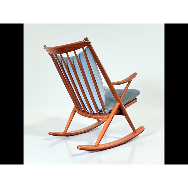 Brown Teak Rocking Chair with Mohair Velvet Cover in Ice Blue by Frank Reenskaug for Bramin, Denmark, 1960s For Sale - Image 8 of 17