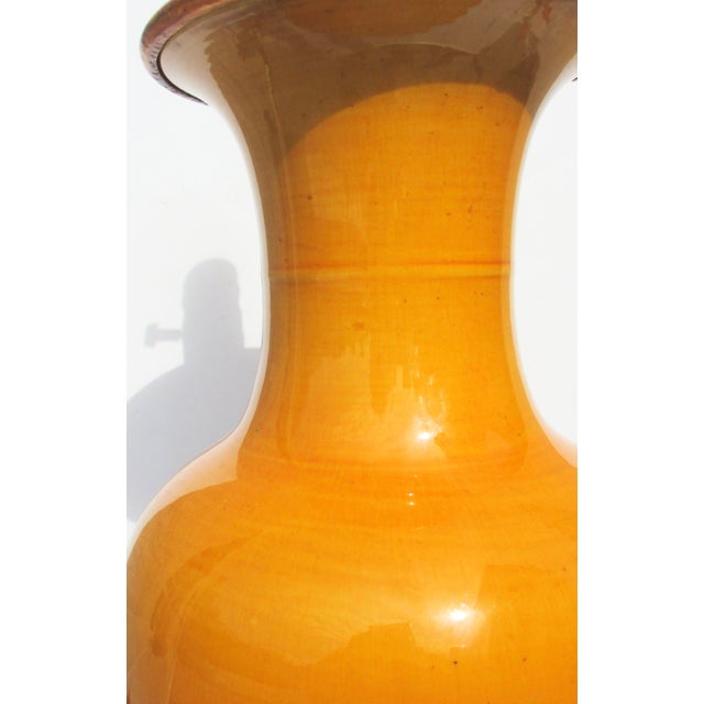 Wood Antique Chinese Mustard Glazed Vase Lamp For Sale - Image 7 of 8