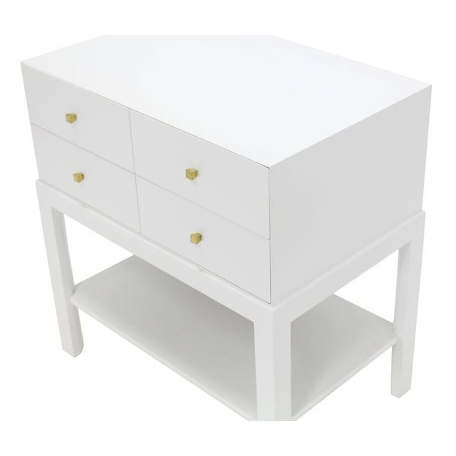 Mid-Century Modern White Lacquer Diamond Shape Brass Dimond Pulls Two Drawer Nightstand For Sale - Image 6 of 10