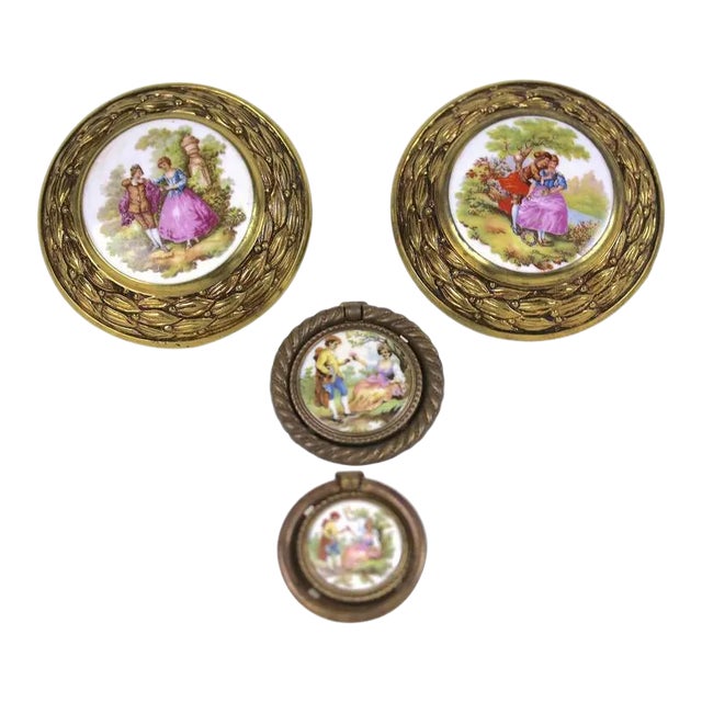 Early 20th Century Porcelain Fragonard Aged Brass Pulls & Tie Backs With Two-Drawer Pulls - 4 Pieces For Sale
