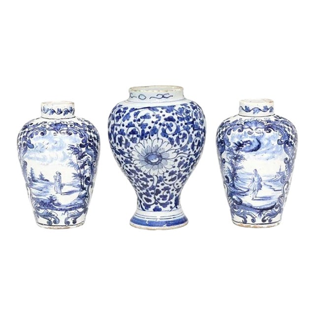 18th Century Dutch Chinoiserie Rocaille Delft Pottery Garnitures - Set of 3 For Sale