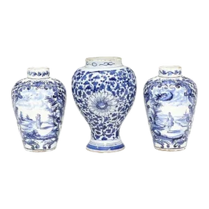 18th Century Dutch Chinoiserie Rocaille Delft Pottery Garnitures - Set of 3