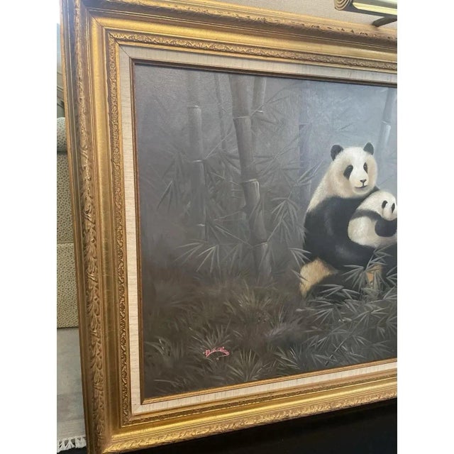 Asian Framed Panda Landscape Oil Painting & Art Light For Sale - Image 3 of 8