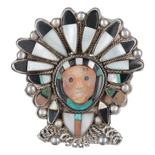 The best 40's-50's Zuni "Indian Chief" Silver channel inlay pendant/pin For Sale
