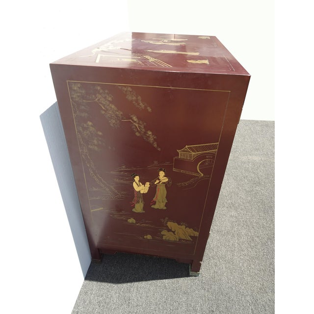 Vintage Chinese Asian Burgundy Lacquer Floral Chinoiserie Cabinet ~ Side Table For Sale - Image 9 of 17