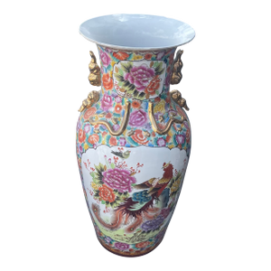 Large Antique Chinese Famille Rose Floor Vase With Phoenix