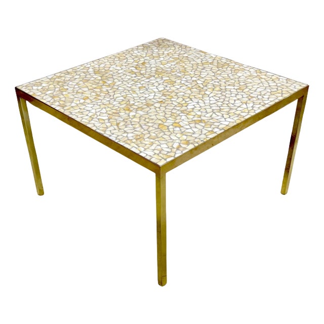 Mid Century Modern Brass & Stained Glass Inlaid Coffee Table, by Morris Lapidus For Sale