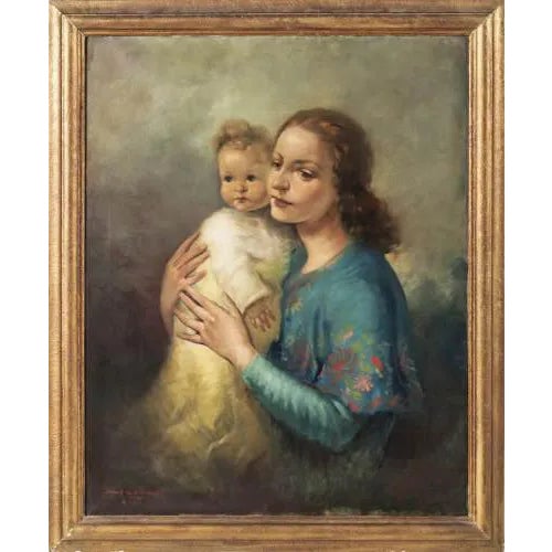 Abel De Moura, Mother and Daughter, Oil on Canvas For Sale