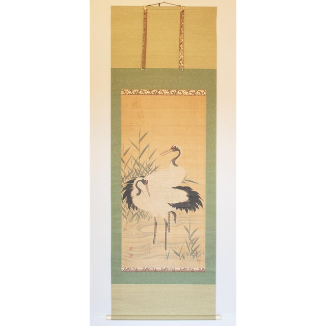 XL Meiji Era "Two Cranes" by Kishida Kinkoku, Japanese Silk Scroll Painting in Wooden Case For Sale - Image 17 of 17