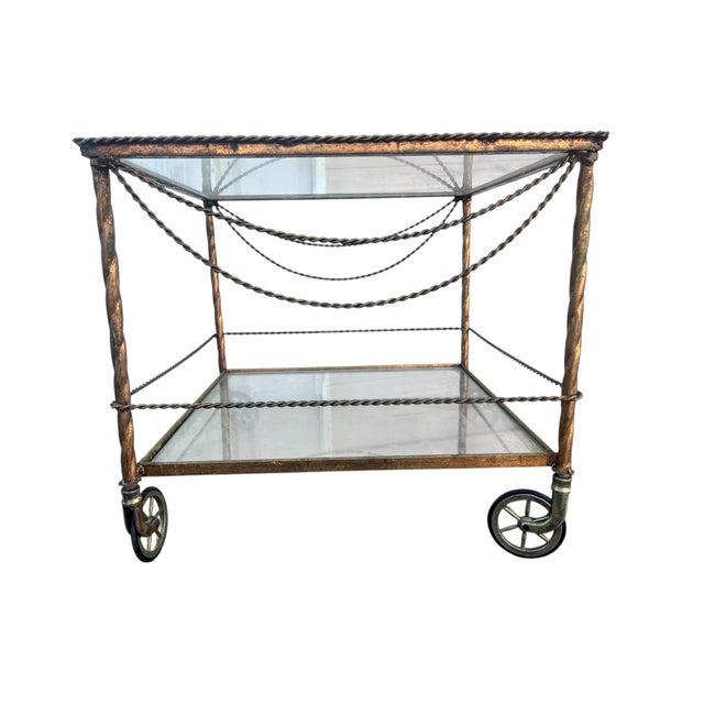 Metal 1980s Vintage Wrought Iron Bar/ Tea Serving Cart Glass Two Tier For Sale - Image 7 of 10