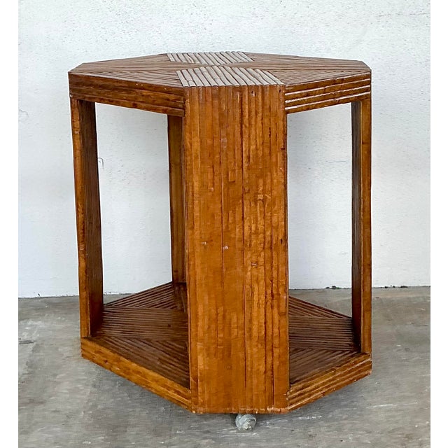 Wood Vintage Cross Hatched Pretzel Rattan Bar Cart For Sale - Image 7 of 12