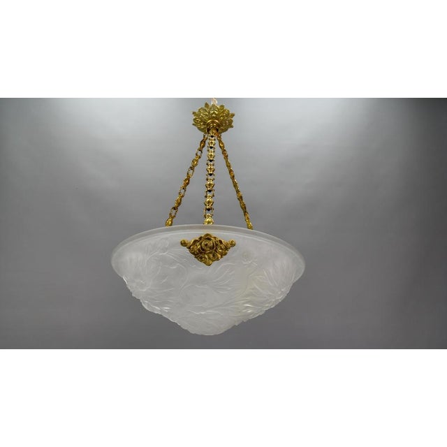French Art Deco White Frosted Glass and Bronze Pendant Light with Floral Motifs, 1930s For Sale - Image 17 of 18