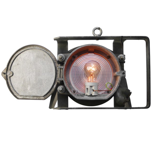 French Train Lamp Grey Metal Holophane Glass Spotlight by SNCF Railroad Company For Sale - Image 6 of 9