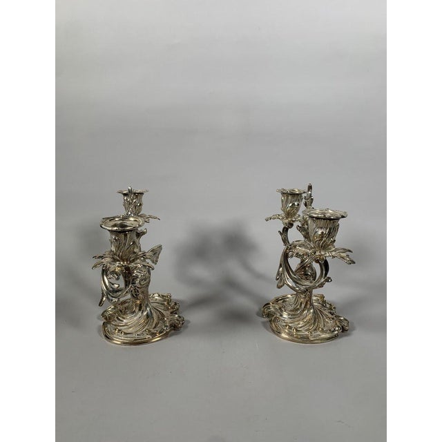 French Pair of Rococo Style Silvered Bronze Candelabra, 19th Century, Louis XV Style For Sale - Image 3 of 11